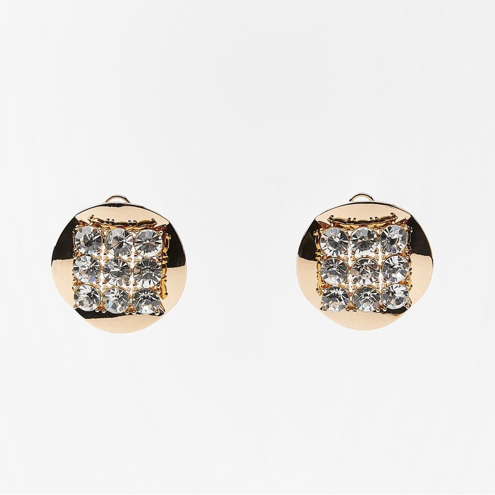 NWT. Zara Golden Circular Shape Metallic Earrings with Jewel Appliqués. - Picture 1 of 7